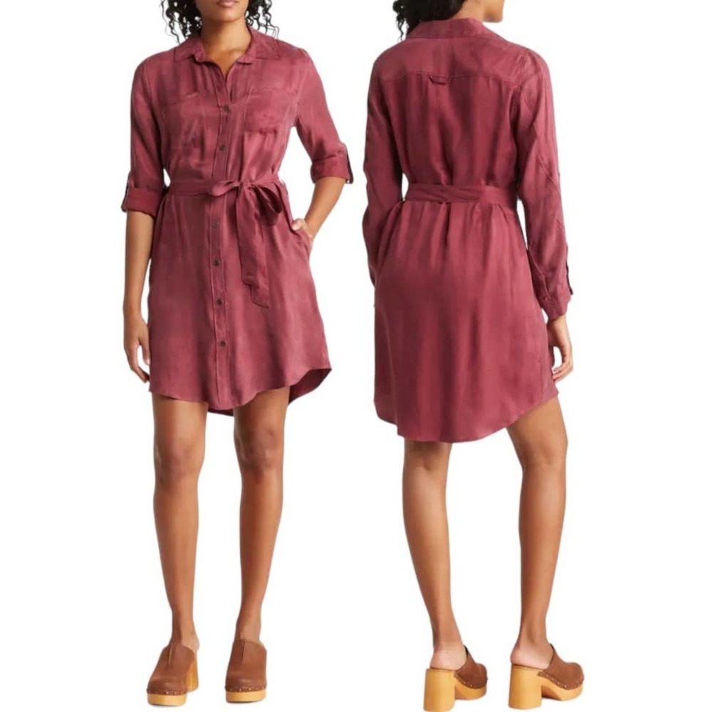 Velvet Heart Pinstripe Button Up Waist Tie Shirt Dress S